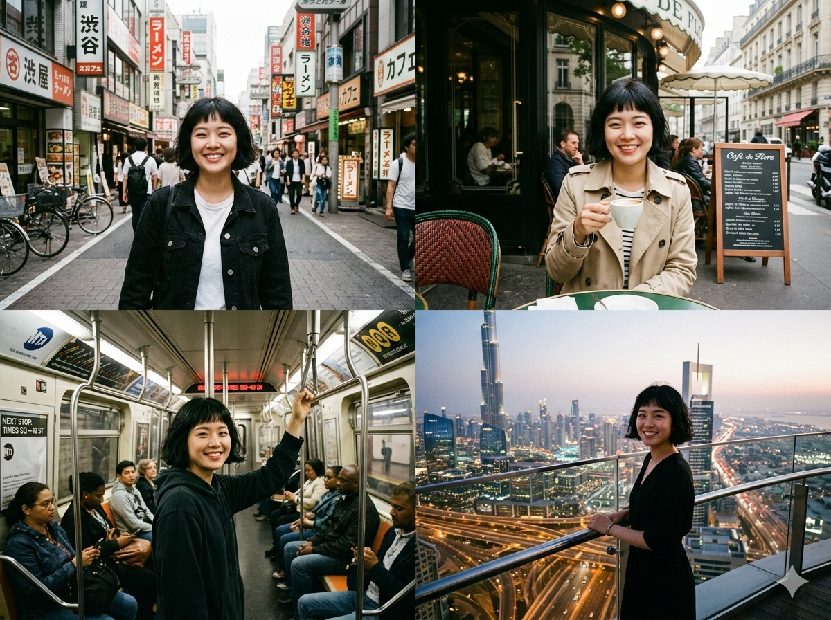 AI generated same character in 4 different scenes showing Nano Banana 2 character consistency